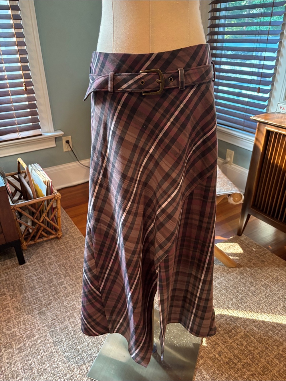 Anthropologie Plaid Skirt with Belt in Burgundy and Gray inspired by Outlander